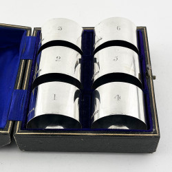 Six Plain Edwardian Sterling Silver Napkin Rings in Original Silk Lined Box