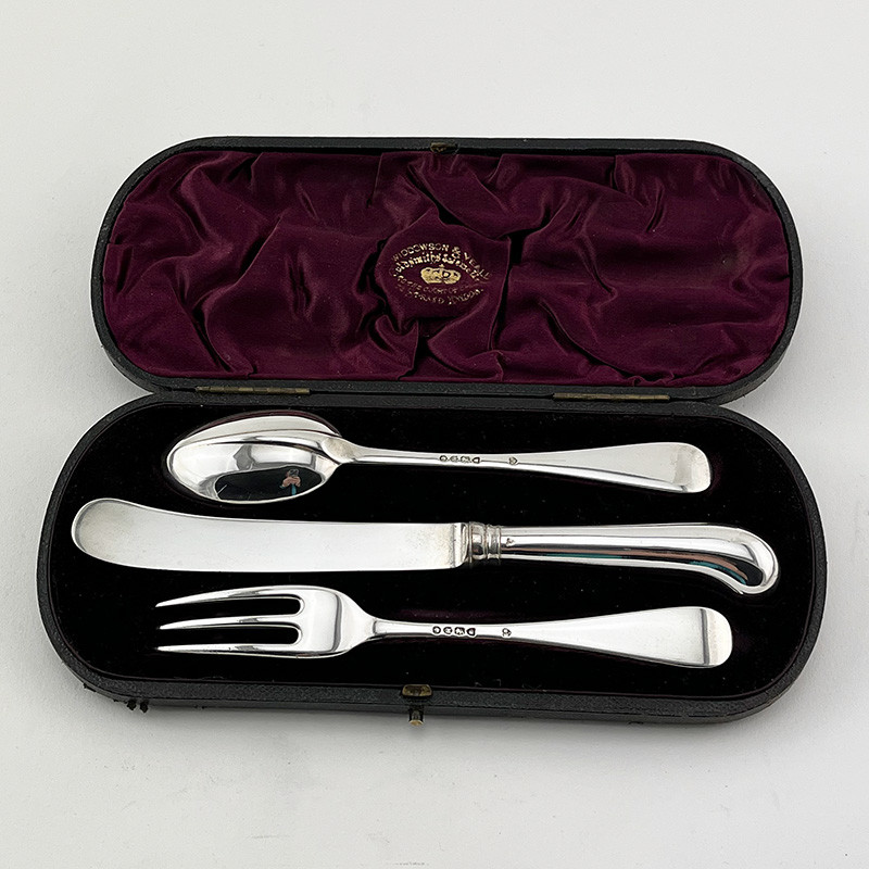 Elegant Plain Victorian Sterling Silver Boxed Three Piece Christening Set Elegant Plain Victorian Sterling Silver Boxed Three Piece Christening Set