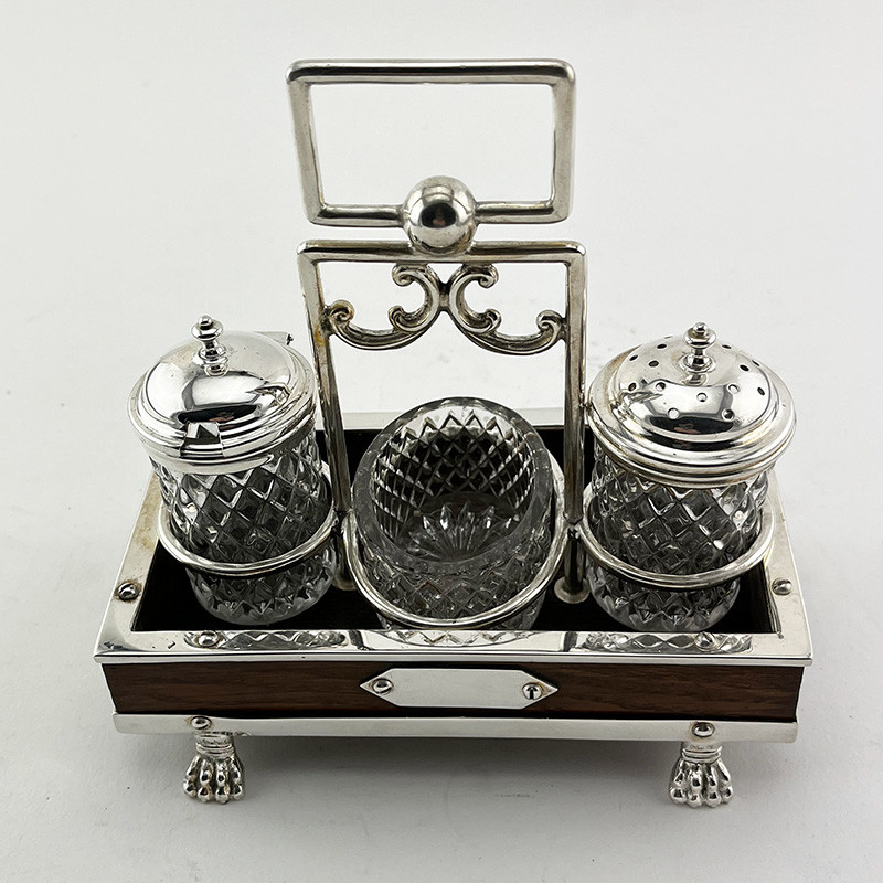 Unusual Victorian Oak and Silver Plated Three Piece Cruet Set (c.1895)