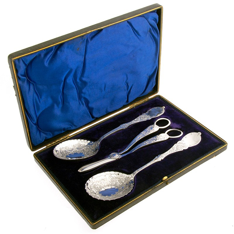 Victorian Boxed Silver Plated Fruit Set with Servers and Grape Shears
