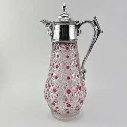 Unusual Victorian Silver Plated and Glass Claret Jug with Cranberry Glass Overlay