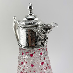 Unusual Victorian Silver Plated and Glass Claret Jug with Cranberry Glass Overlay