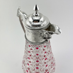 Unusual Victorian Silver Plated and Glass Claret Jug with Cranberry Glass Overlay