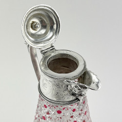 Unusual Victorian Silver Plated and Glass Claret Jug with Cranberry Glass Overlay