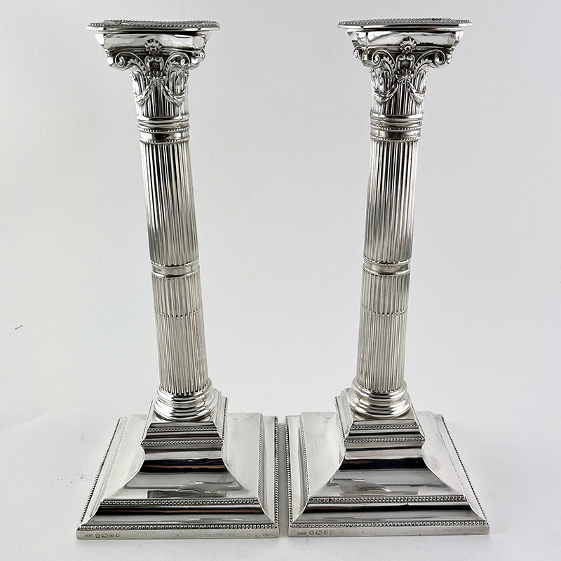 Pair of Sterling Silver Corinthian Style Victorian Candlesticks (1883) Pair of Sterling Silver Corinthian Style Victorian Candlesticks (1883)