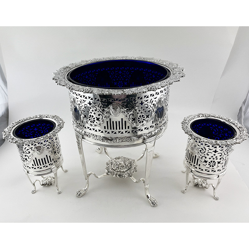Rare Set of Three Silver Plated Planters or Bottle Holders (c.1900) Rare Set of Three Silver Plated Planters or Bottle Holders (c.1900)