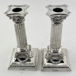 Superb Pair of Cast Victorian Sterling Silver Corintian Column Candlesticks