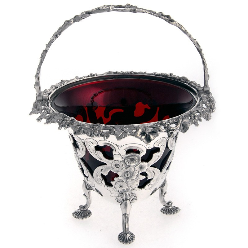 Silver Plated Elkington Sugar Basket with Ruby Red Glass Liner