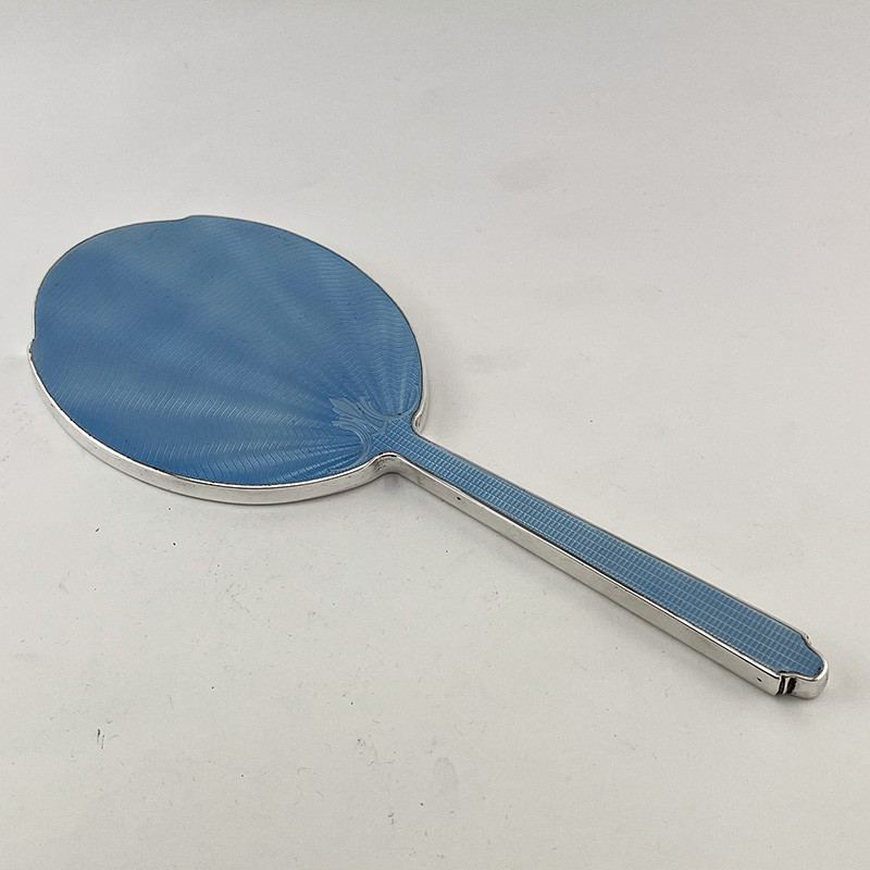 Beautiful Pale Blue Guilloche Enamel Sterling Silver Oval Hand Mirror