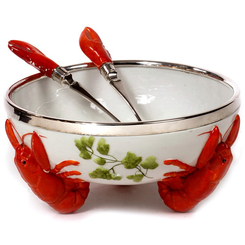 Lobster Bowl with Silver Plate Rim and Pair of Servers