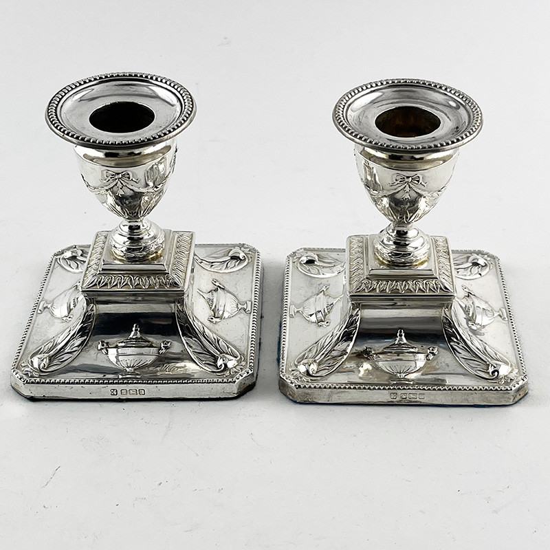 Dwarf Neo Classical Adams Style Edwardian Sterling Silver Candlesticks (1908) Dwarf Neo Classical Adams Style Edwardian Sterling Silver Candlesticks (1908)