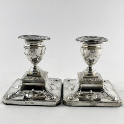 Dwarf Neo Classical Adams Style Edwardian Sterling Silver Candlesticks