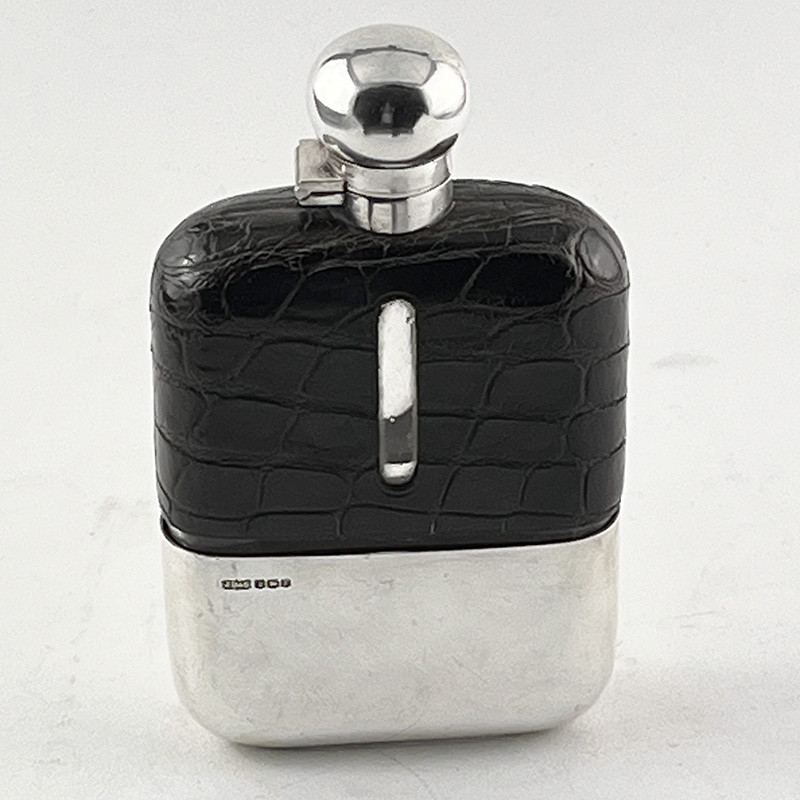 Large Sterling Silver Crocodile Leather Bound Hip Flask (1941) Large Sterling Silver Crocodile Leather Bound Hip Flask (1941)