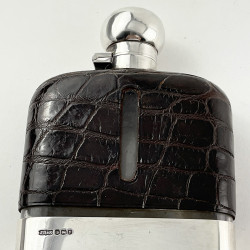 Large Sterling Silver Crocodile Leather Bound Hip Flask