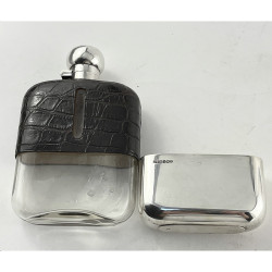 Large Sterling Silver Crocodile Leather Bound Hip Flask