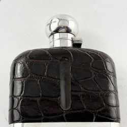 Large Sterling Silver Crocodile Leather Bound Hip Flask