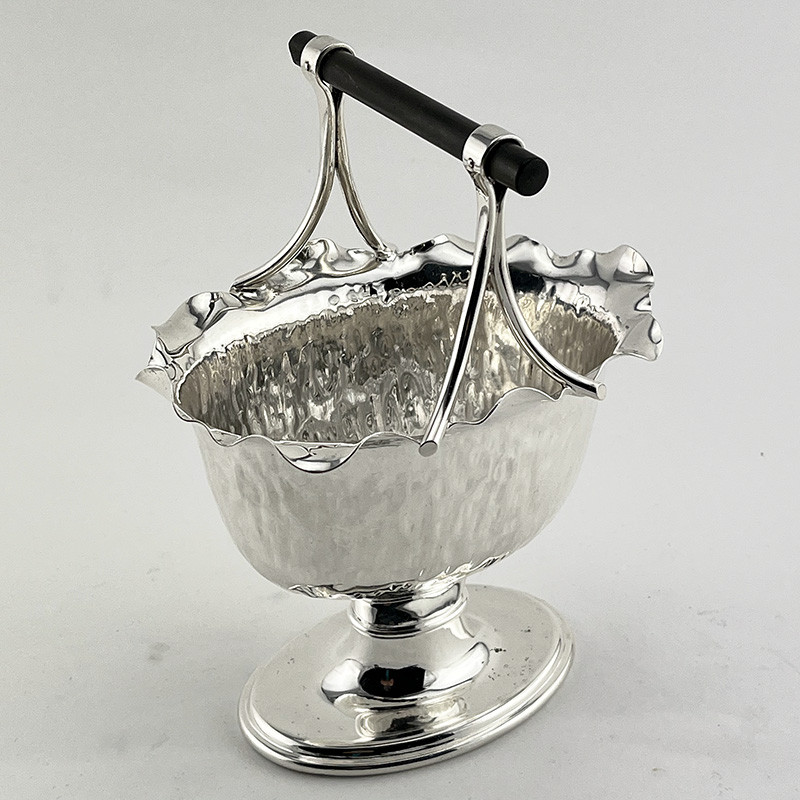 Unusual Victorian Silver Plated Sugar Basket with Fixed Ebony Wood Bar Handle Unusual Victorian Silver Plated Sugar Basket with Fixed Ebony Wood Bar Handle