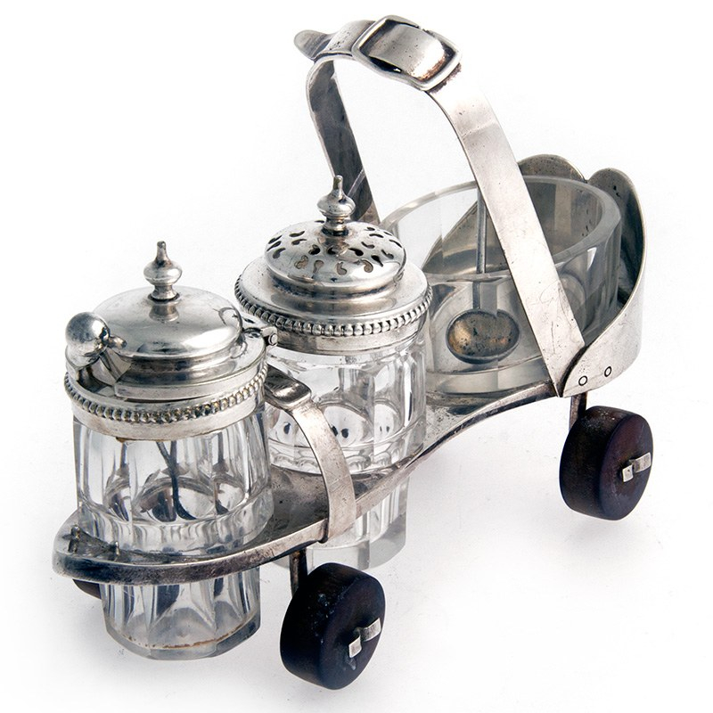 Victorian Novelty Silver Plate Roller Skate Condiment Set (c.1880)