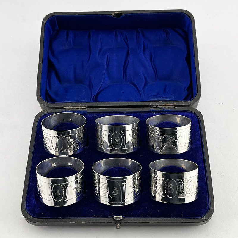Six Victorian Sterling Silver Boxed Aesthetic Movement Napkins Rings