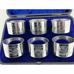 Six Victorian Sterling Silver Boxed Aesthetic Movement Napkins Rings
