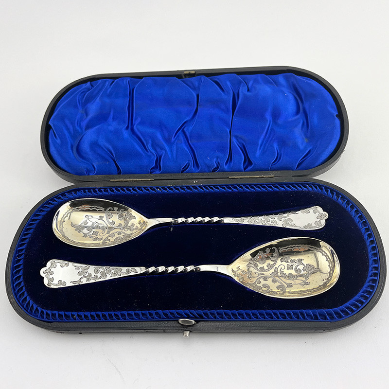 Beautiful Boxed Pair of Sterling Silver Serving Spoons (1903)