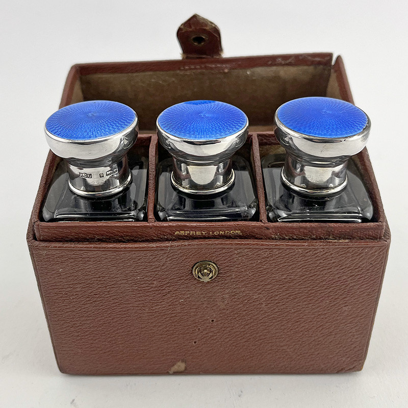Beautiful Boxed Set of Asprey Enamel and Silver Perfume Bottles (1932)