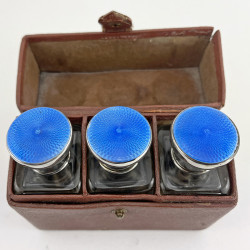 Beautiful Boxed Set of Asprey Enamel and Silver Perfume Bottles