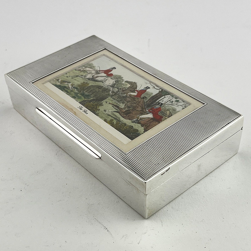 Unusual Sterling Silver Cigar or Cigarette Box with Hunting Scene