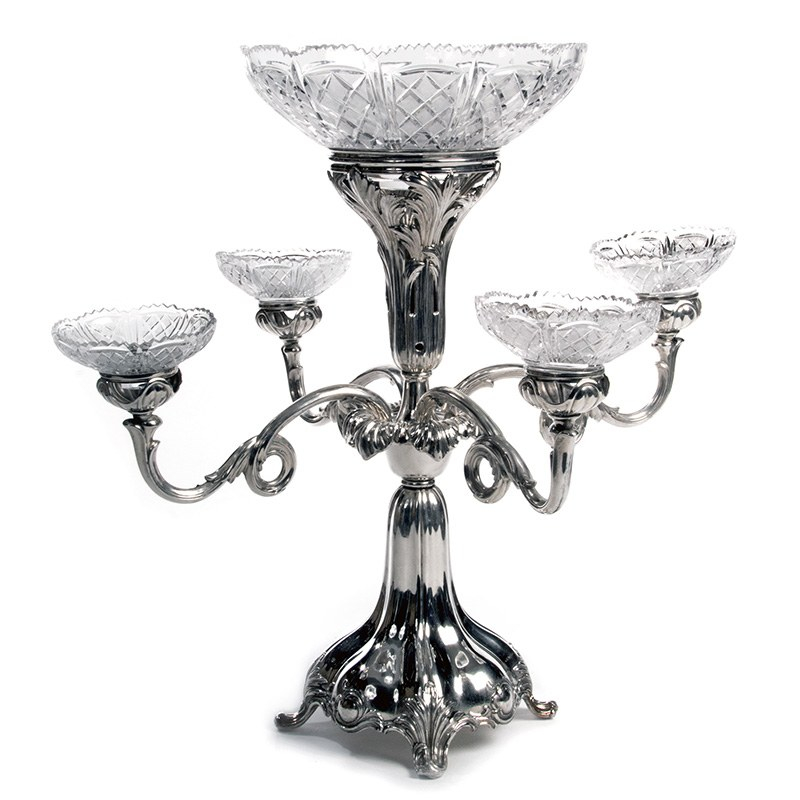 Sheffield Plate Epergne with Five Cut Glass Bowls