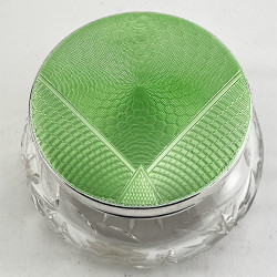 Beautiful Green Guilloche Enamel and Silver Dressing Table Jar