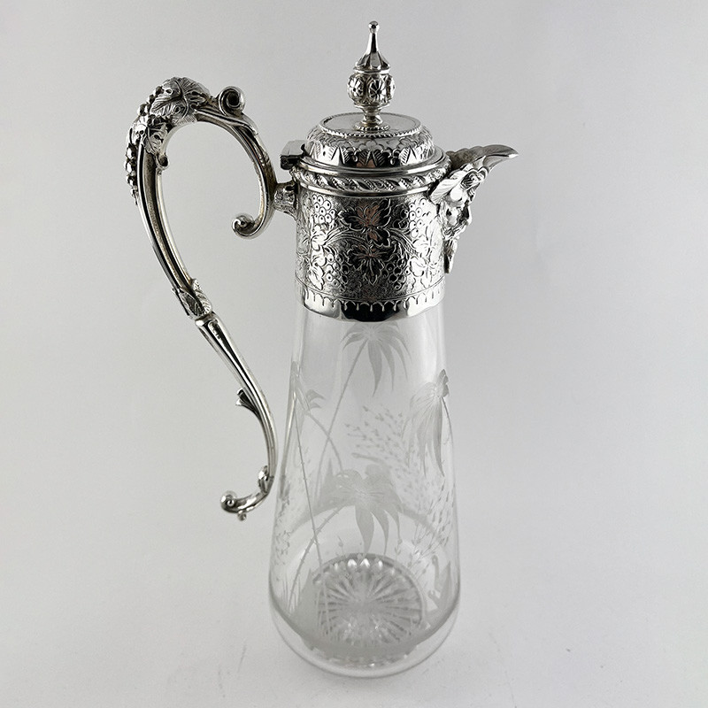 Beautiful Victorian Engraved Silver Plated Claret Jug Engraved with Monkys and Palm Trees Beautiful Victorian Engraved Silver Plated Claret Jug Engraved with Monkys and Palm Trees