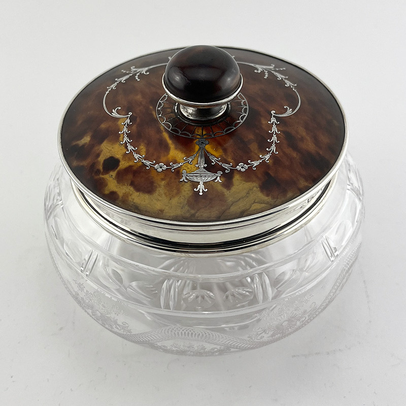 Large Decorative Edwardian Sterling Silver and Tortoiseshell Dressing Table Jar Large Decorative Edwardian Sterling Silver and Tortoiseshell Dressing Table Jar