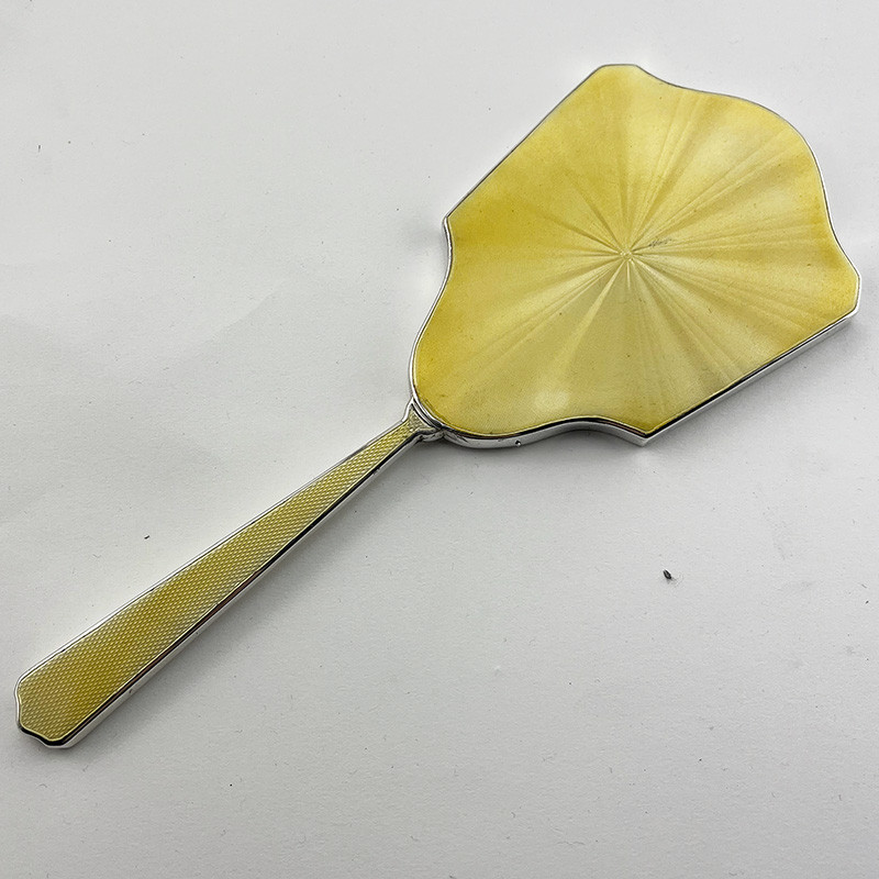 Beautiful Yellow Guilloche Enamel and Sterling Silver Hand Mirror