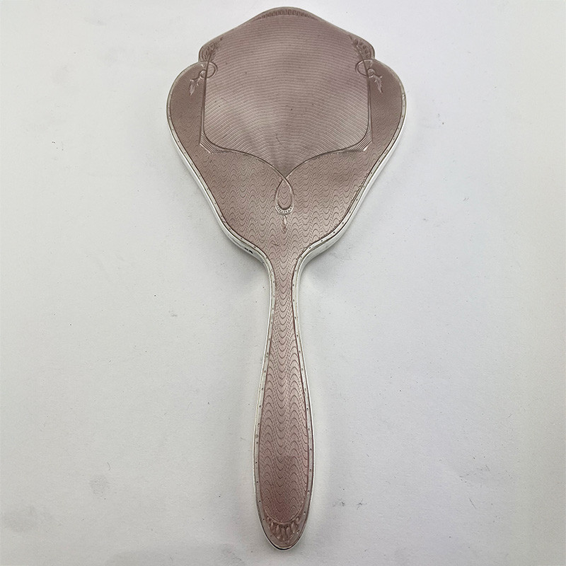 Dusty Pink Guilloche Enamel and Silver Hand Mirror