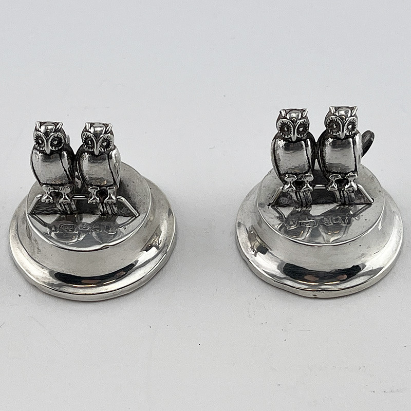 Pair of Figural Sterling Silver Owl Menu Holders (1910)