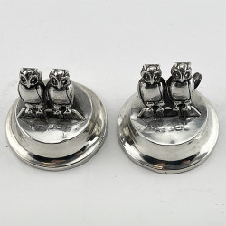 Pair of Figural Sterling Silver Owl Menu Holders