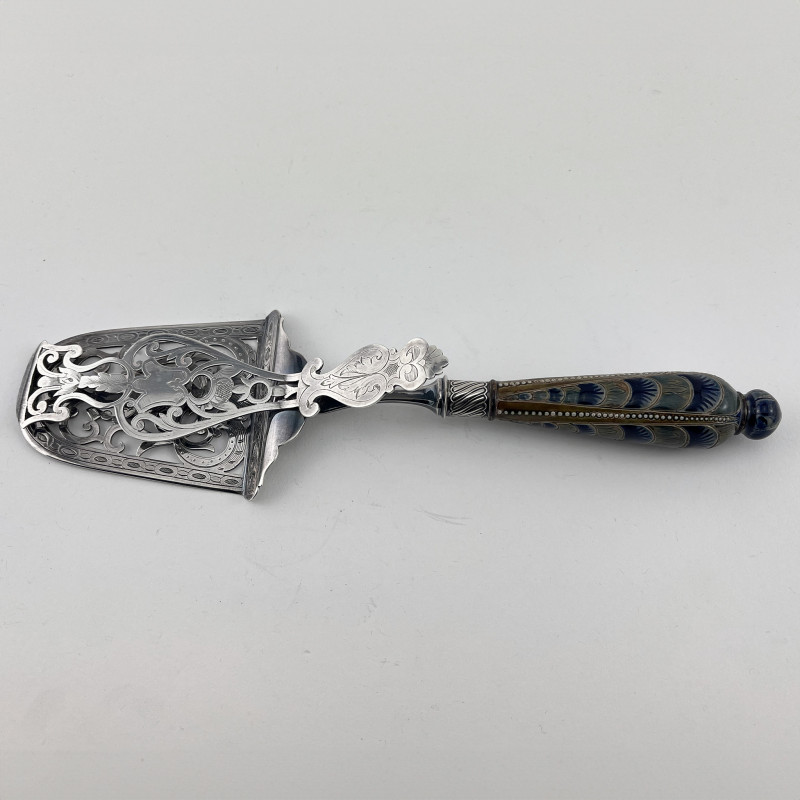 Victorian Silver Plated Asparagus Servers with Doulton Lambeth Stoneware Handle