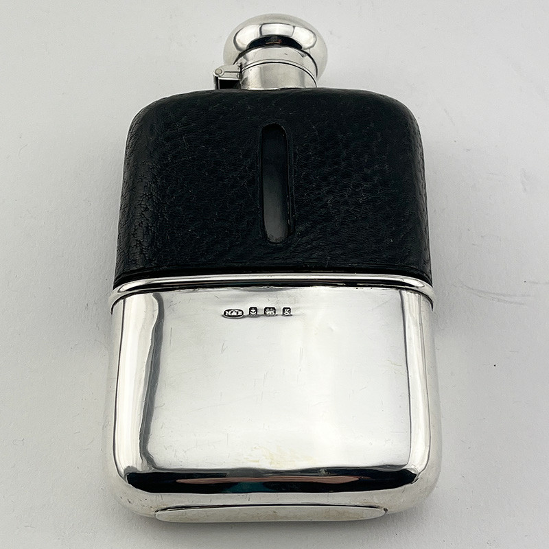 Smart Edwardian Sterling Silver and Leather Hip Flask (1906) Smart Edwardian Sterling Silver and Leather Hip Flask (1906)