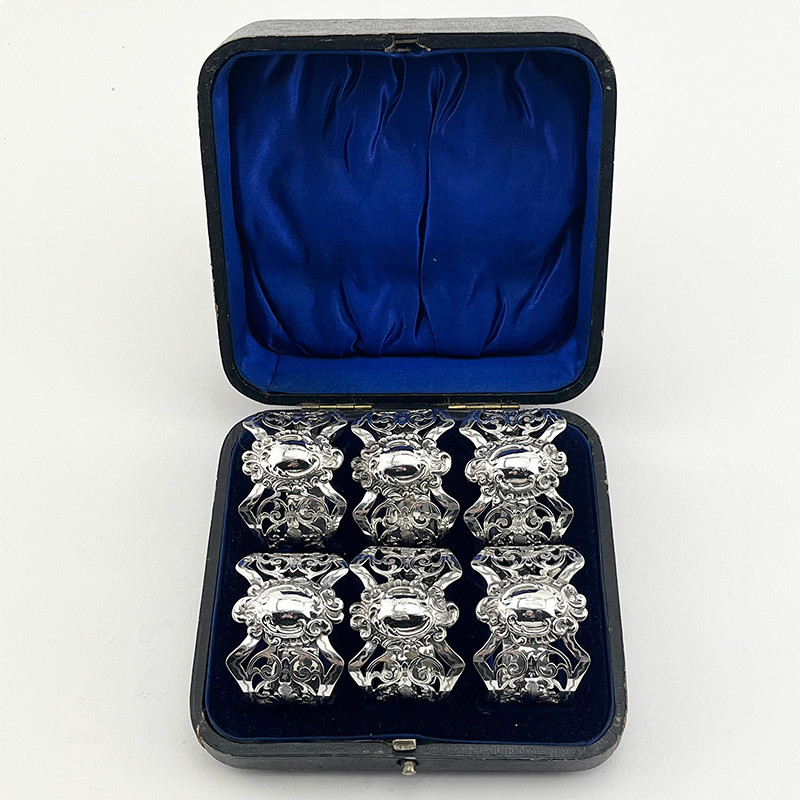 Unusual Victorian Boxed Set of Six Silver Plated Napkin Rings (c.1890)