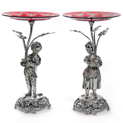 Silver Plate Boy and Girl Comports with Engraved Ruby Red Dishes