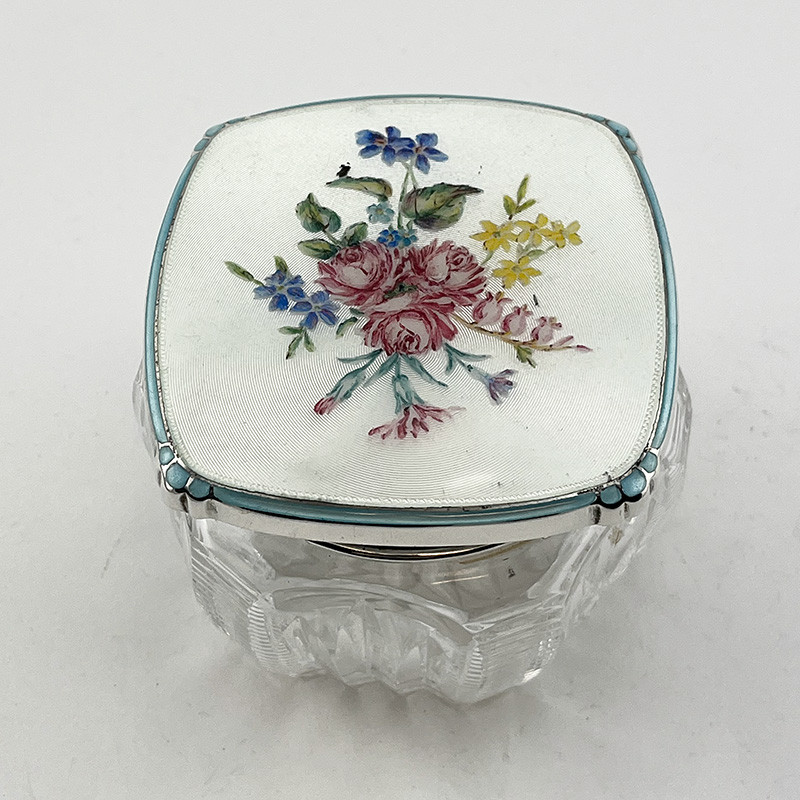 Beautiful English Pale Blue Guilloche Enamel Sterling Silver Dressing Table Jar