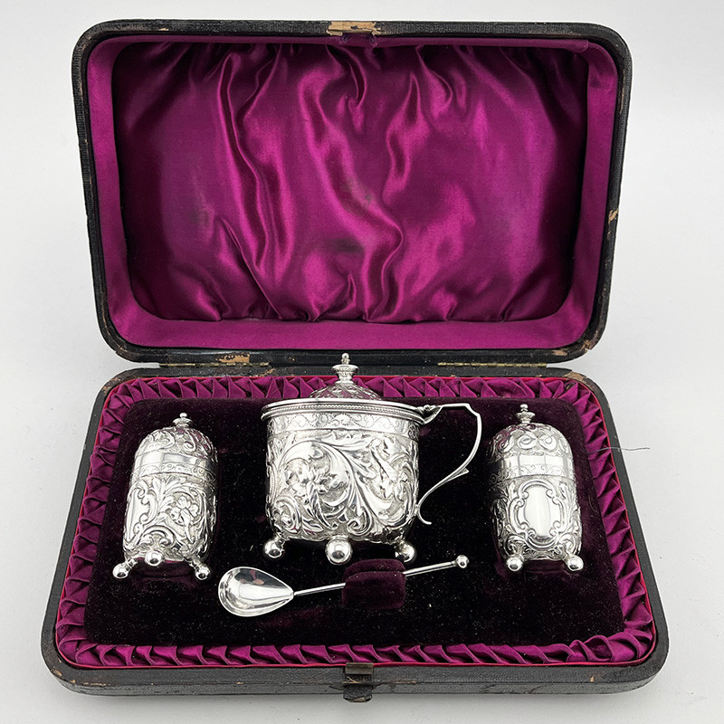 Victorian Sterling Silver Boxed Three Piece Condiment Set (1890)