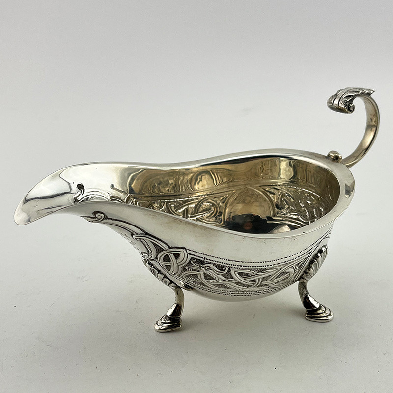 Irish Sterling Silver Sauce Boat with Repousse Celtic Style Decoration Irish Sterling Silver Sauce Boat with Repousse Celtic Style Decoration