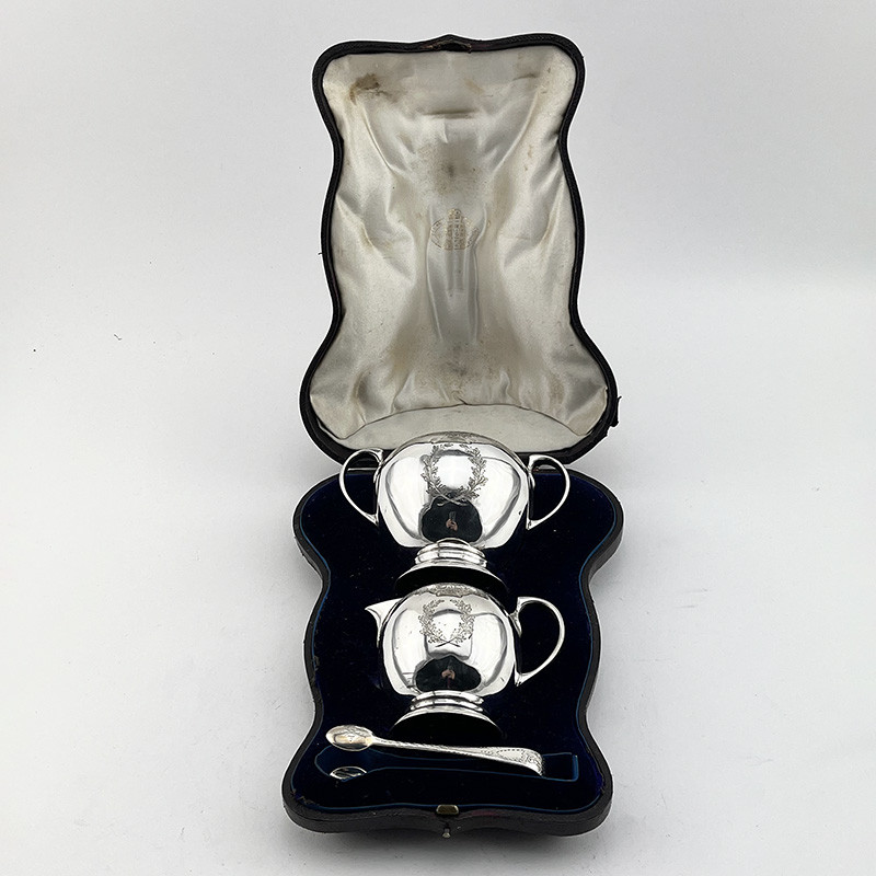 Boxed Sterling Silver Sugar and Cream with Lion Crest in Wreath Cartouche
