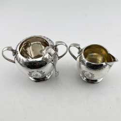 Boxed Sterling Silver Sugar and Cream with Lion Crest in Wreath Cartouche