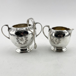 Boxed Sterling Silver Sugar and Cream with Lion Crest in Wreath Cartouche