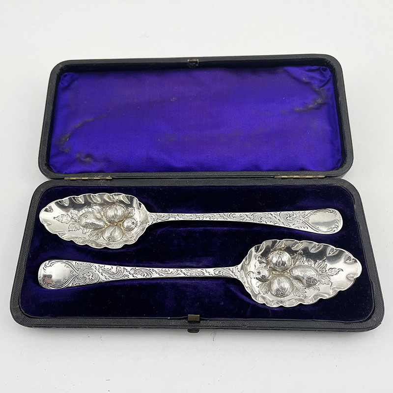 Boxed Pair of George III Silver Berry or Serving Spoons (1779)