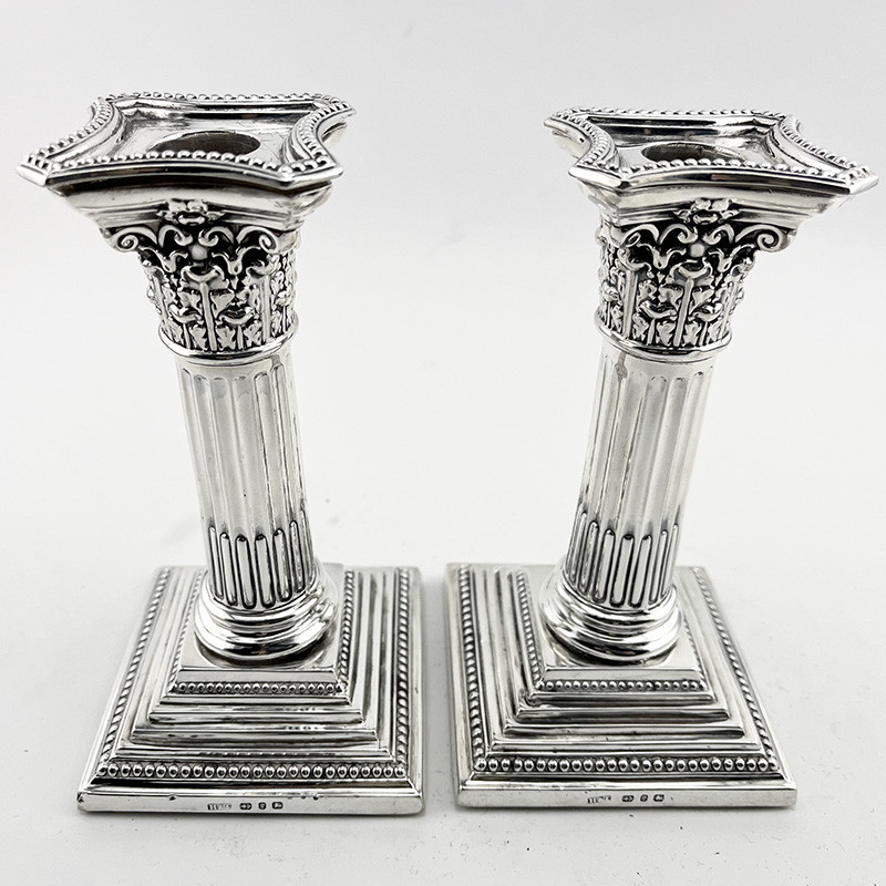 Pair of Late Victorian Sterling Silver Candlesticks in a Corinthian Column Style
