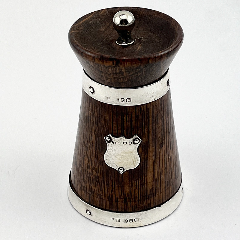 Victorian Urn Shaped Oak and Silver Pepper Grinder (1897)