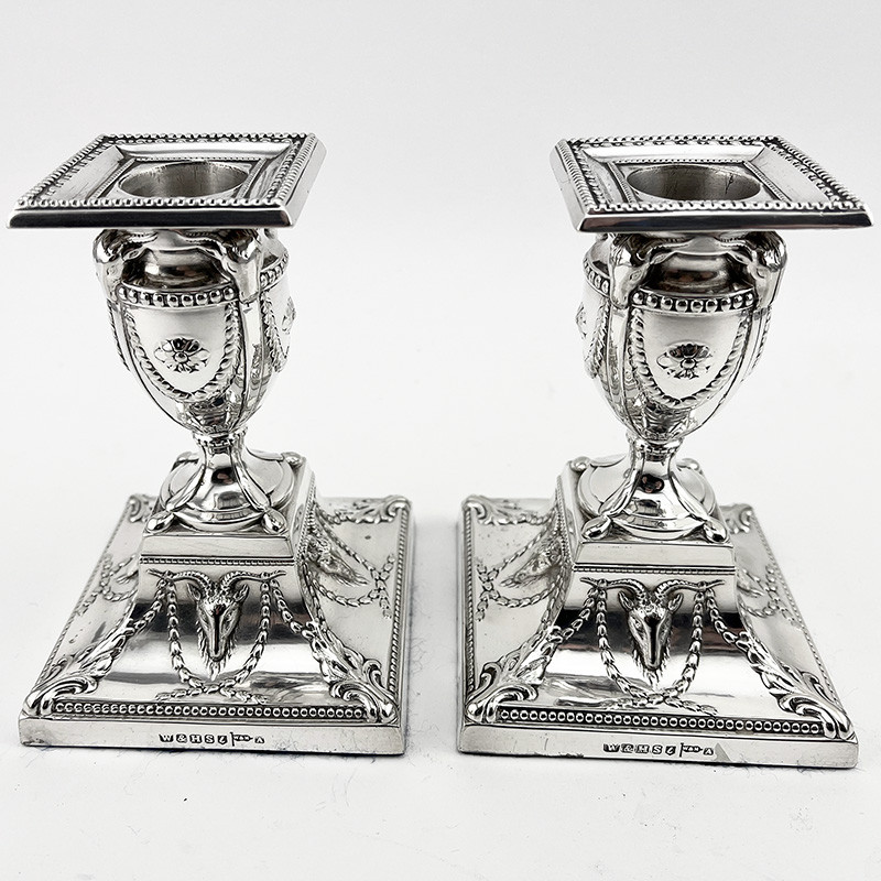 Decorative Pair of Walker & Hall Victorian Silver Plated Dwarf Candlesticks Decorative Pair of Walker & Hall Victorian Silver Plated Dwarf Candlesticks
